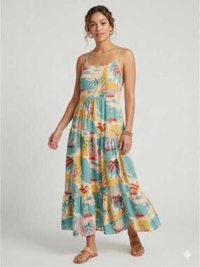 True Destinations Tiered Tropical Print Maxi Dress